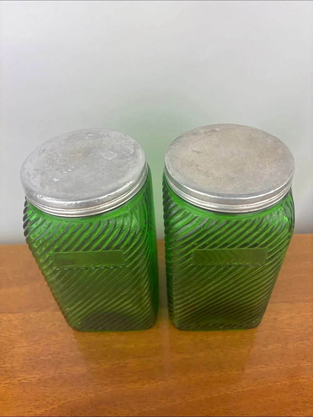 Vintage 1930s emerald green depression glass Hoosier canisters pair